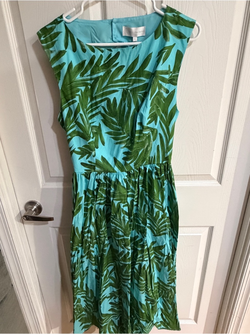Anthropologie Aqua Tropical Leaf Print Fit & Flare Dress